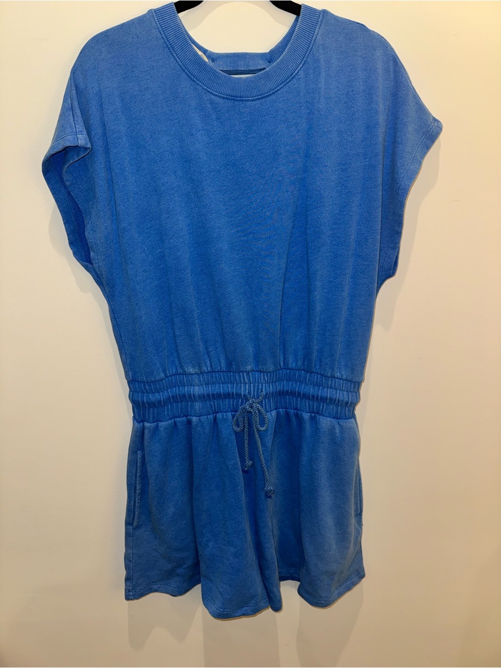 Blue Short-Sleeve Drawstring Romper